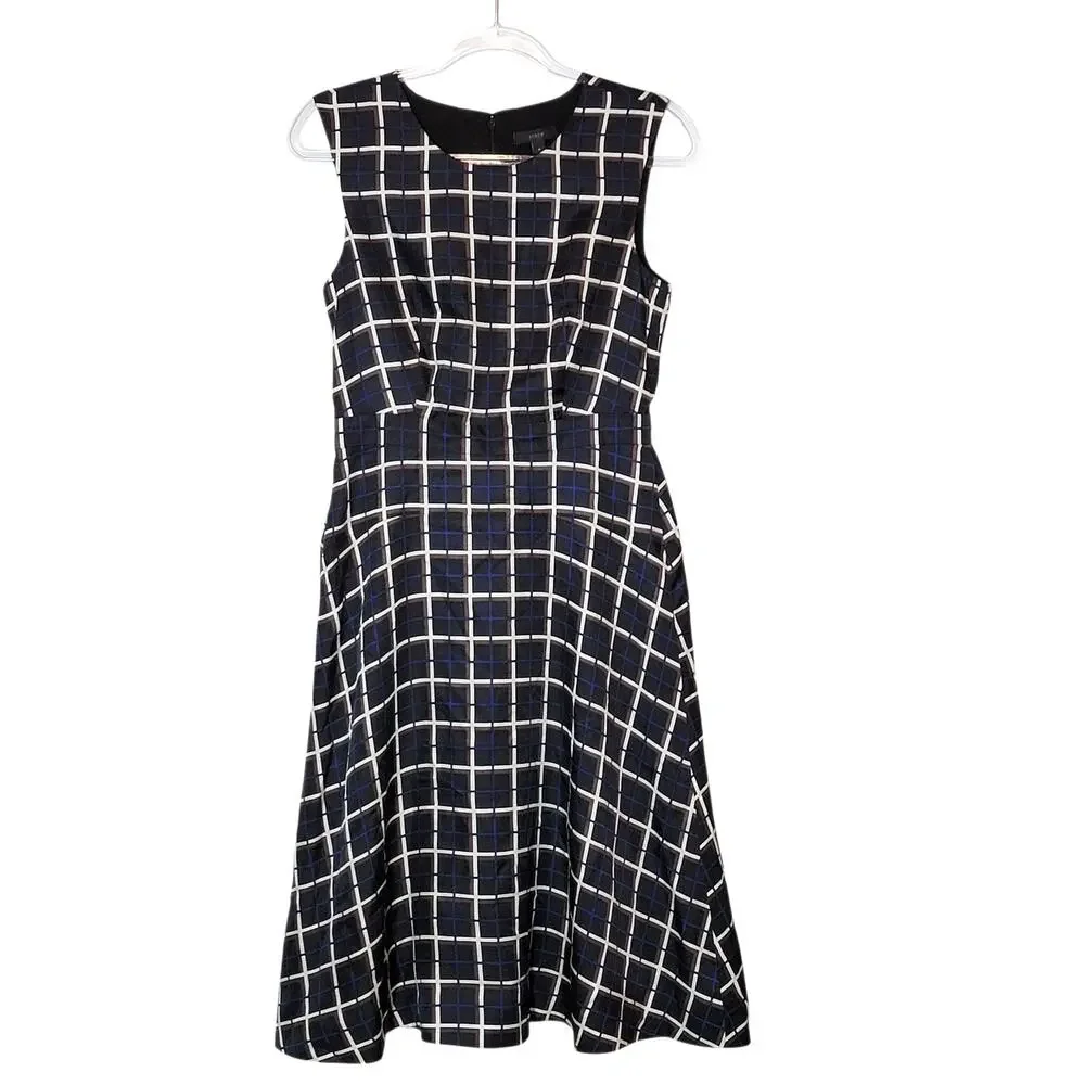 J.Crew Silk Windowpane A-Line Midi Dress Black Tan Navy Jewel Neck Classic 4 NWT